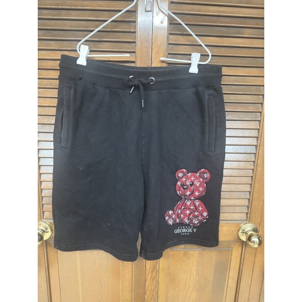 Avenue George V Paris Teddy Crystal Sweatshorts Black Streetwear Glam Size XL